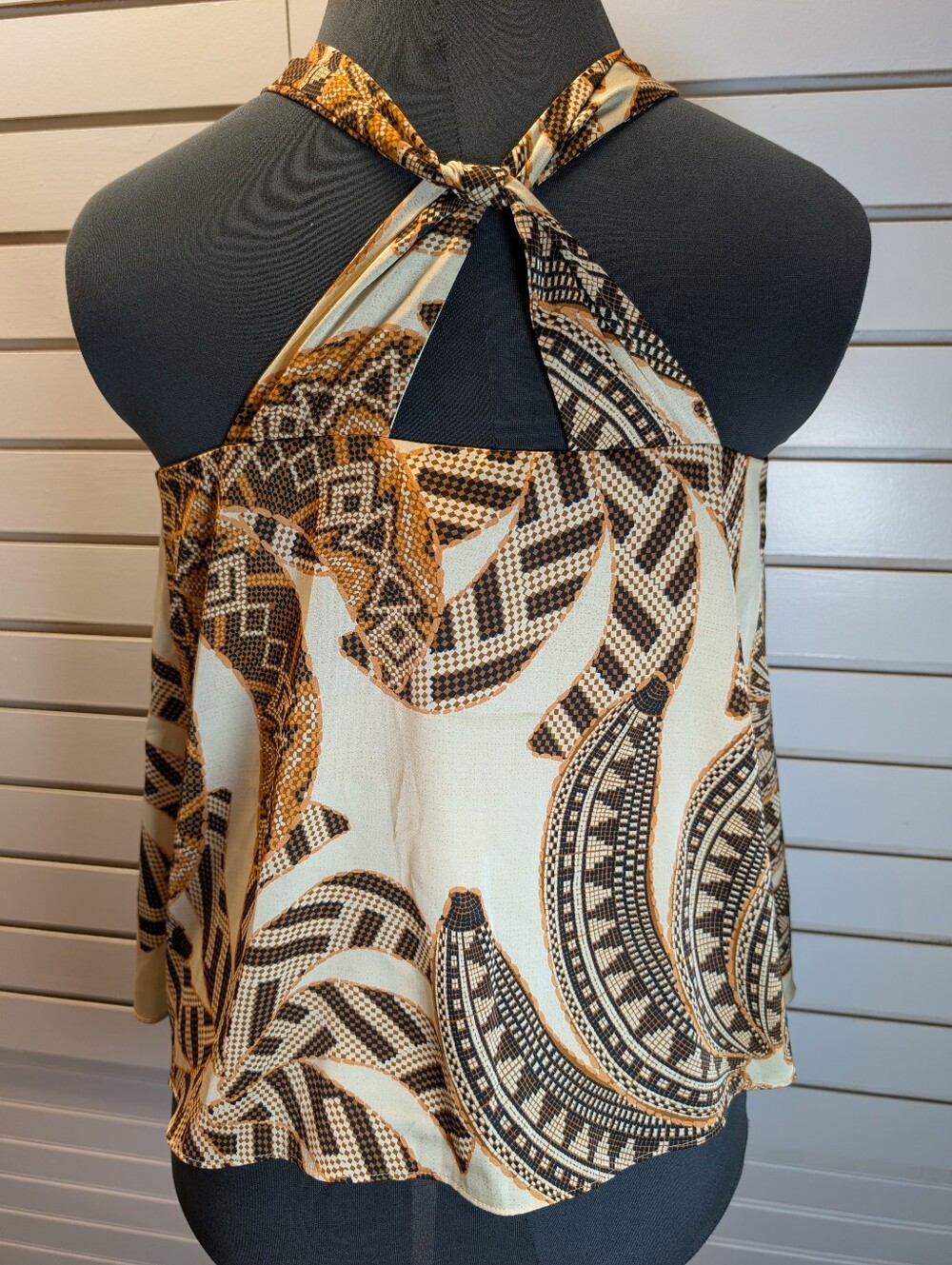 Rachel Zoe Brown and Cream Satin Print Twist Keyhole Neck Tank Top Small NWT! - Picture 4 of 9